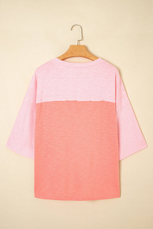 Mixed Daisy Applique Exposed Seam Oversized V Neck Top